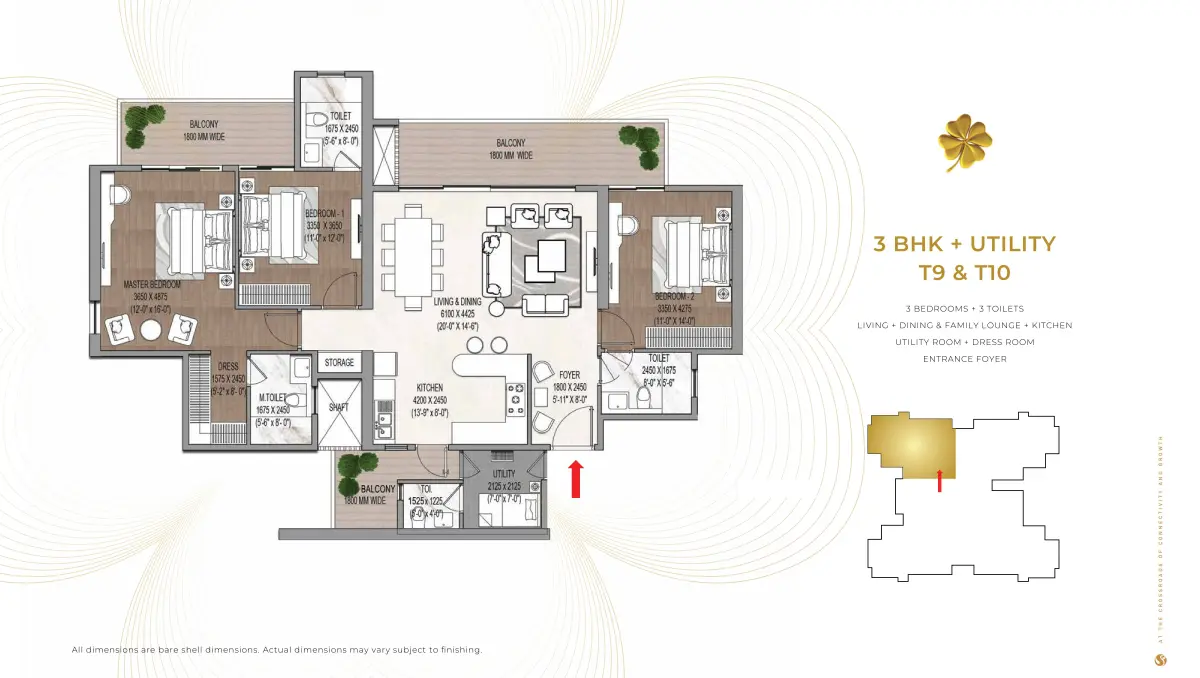 3 BHK + Utility Floor Plan Signature Global Cloverdale